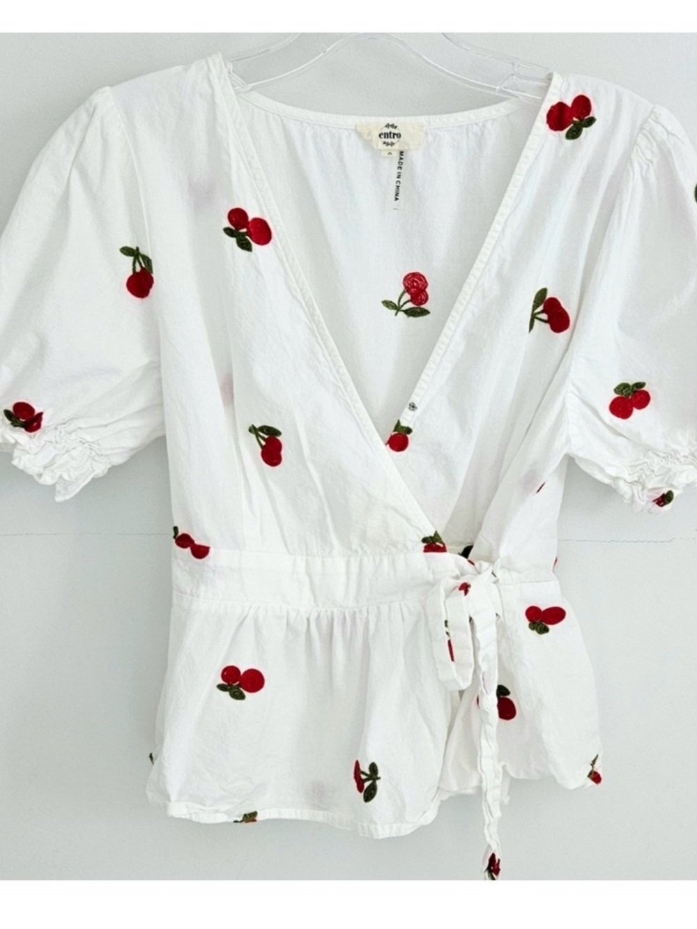 Entro Cherry Wrap White Cotton Embroidered Top